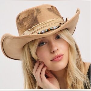 Tan Rustic Cowgirl Fedora With Feather & Distressed Band